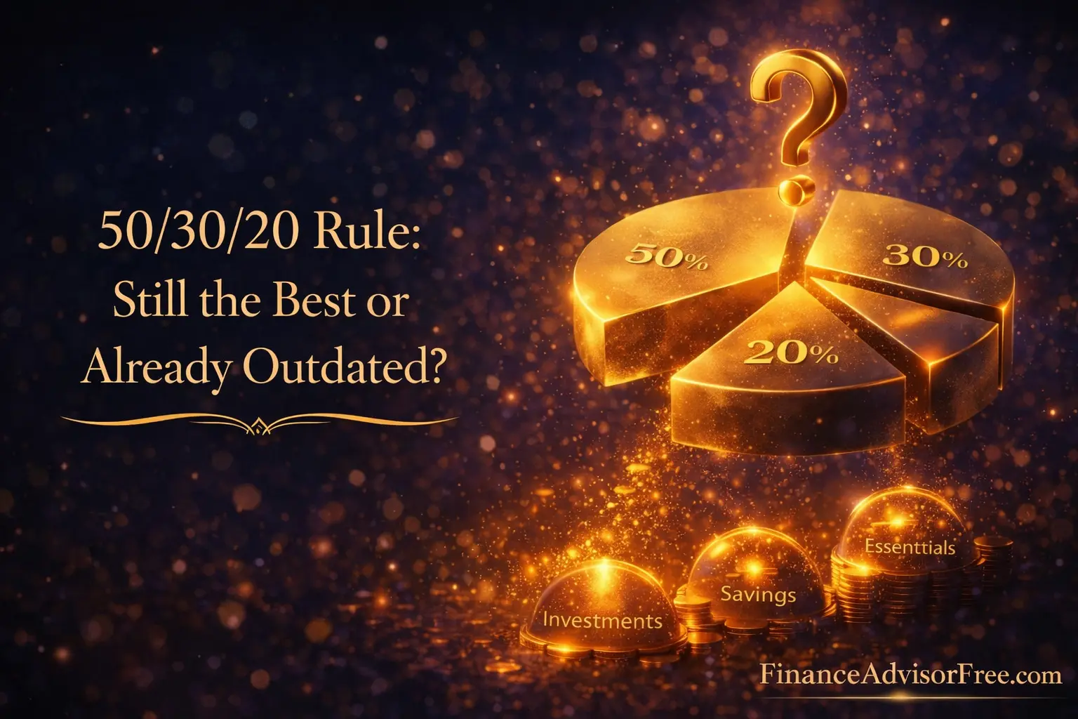 The 50/30/20 rule explained — pie chart splitting into 50 30 and 20 golden budget segments