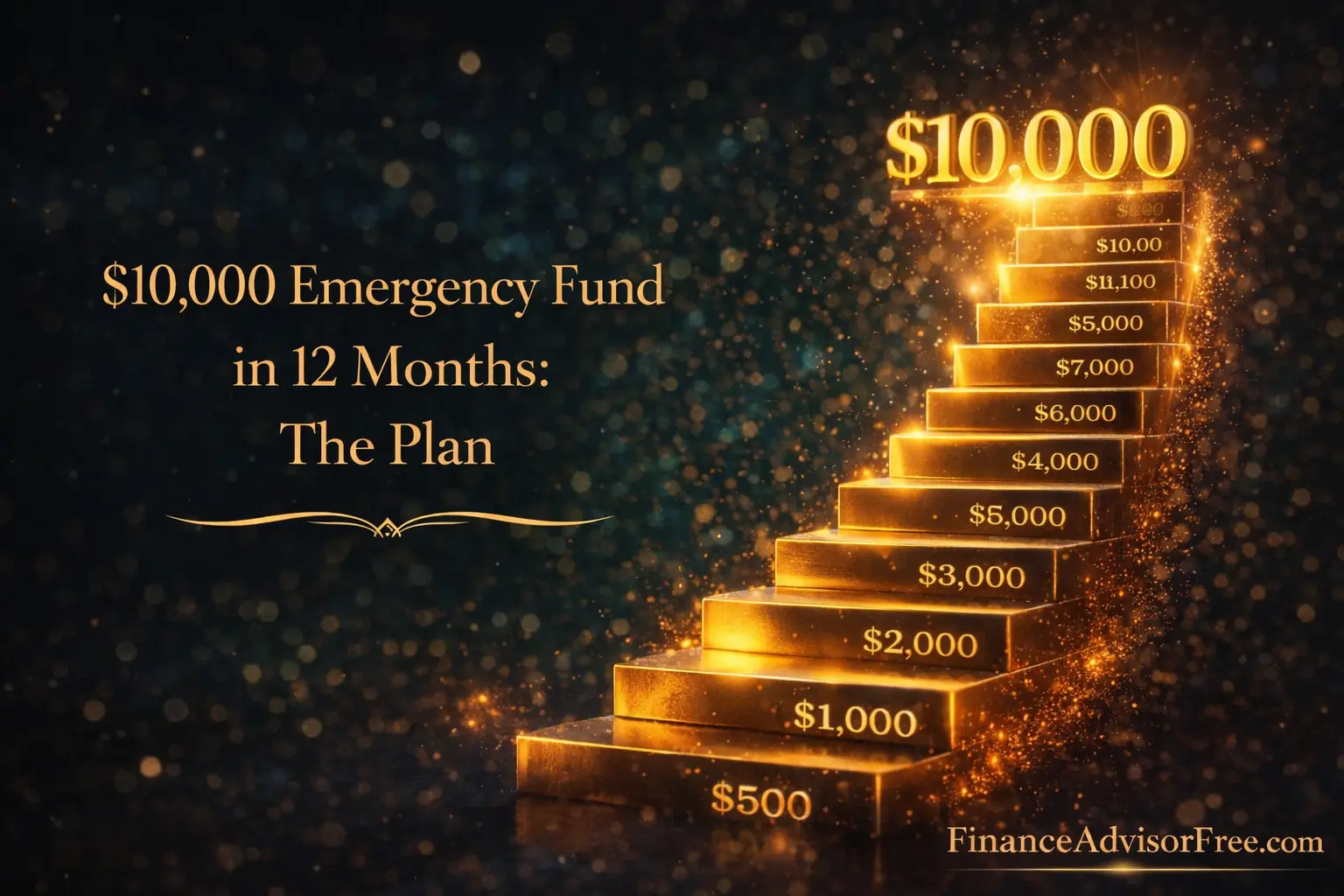 How to build a $10,000 emergency fund in 12 months — golden milestone being reached in monthly steps