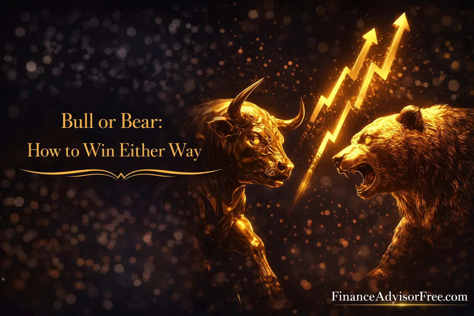 Bull markets vs bear markets — golden bull and bear facing each other with profit arrows rising in both directions