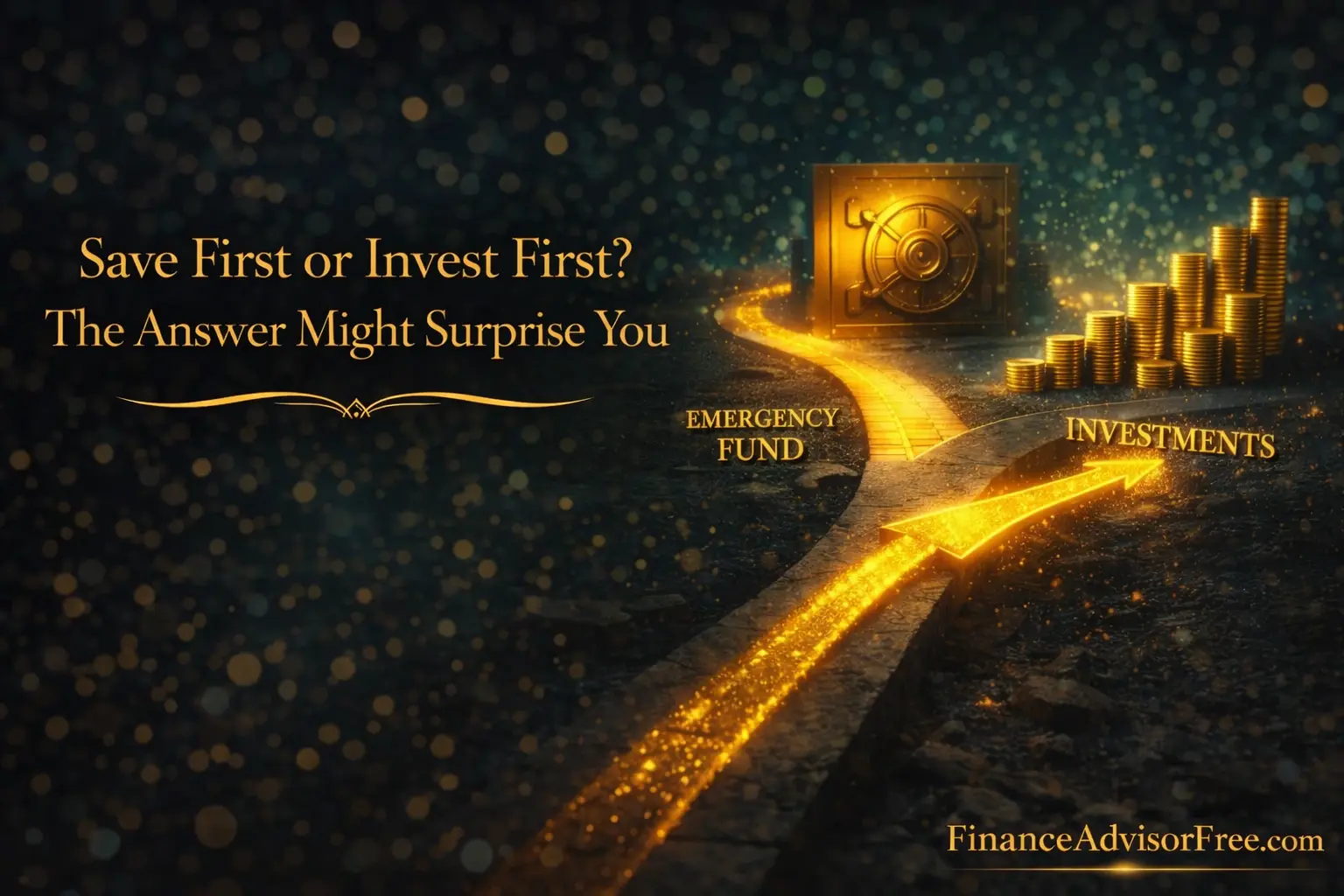 Emergency fund vs investing — golden decision fork between a safety path and an investment growth path
