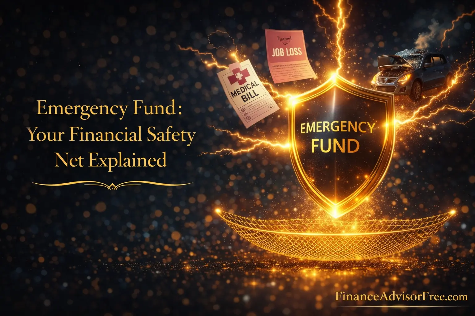 Why you need an emergency fund — financial storm deflected by a golden emergency fund shield