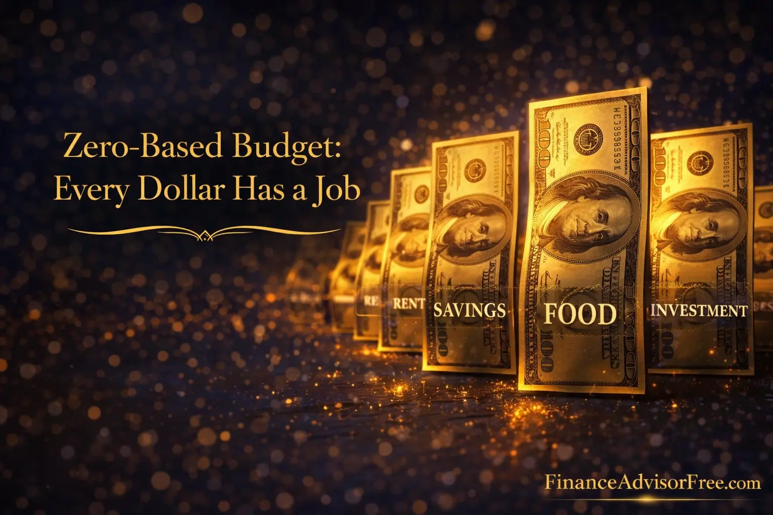 Zero-based budgeting — army of golden dollar bills each assigned a mission with zero dollars left idle