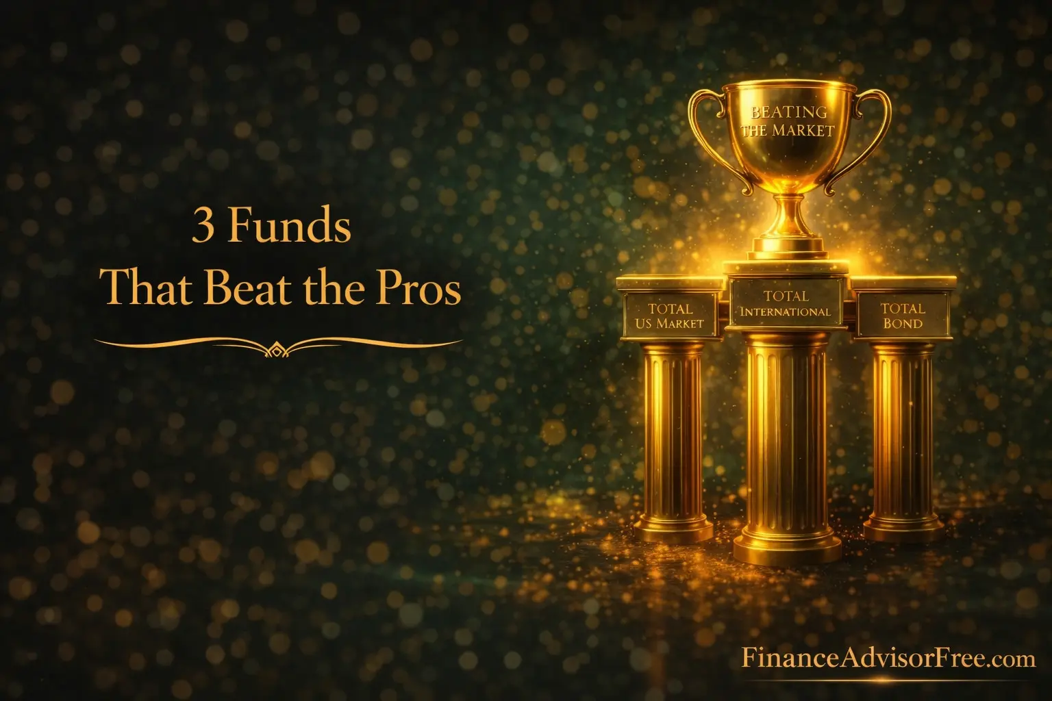 How to build a simple 3-fund portfolio — three golden fund pillars holding up a beating-the-market trophy