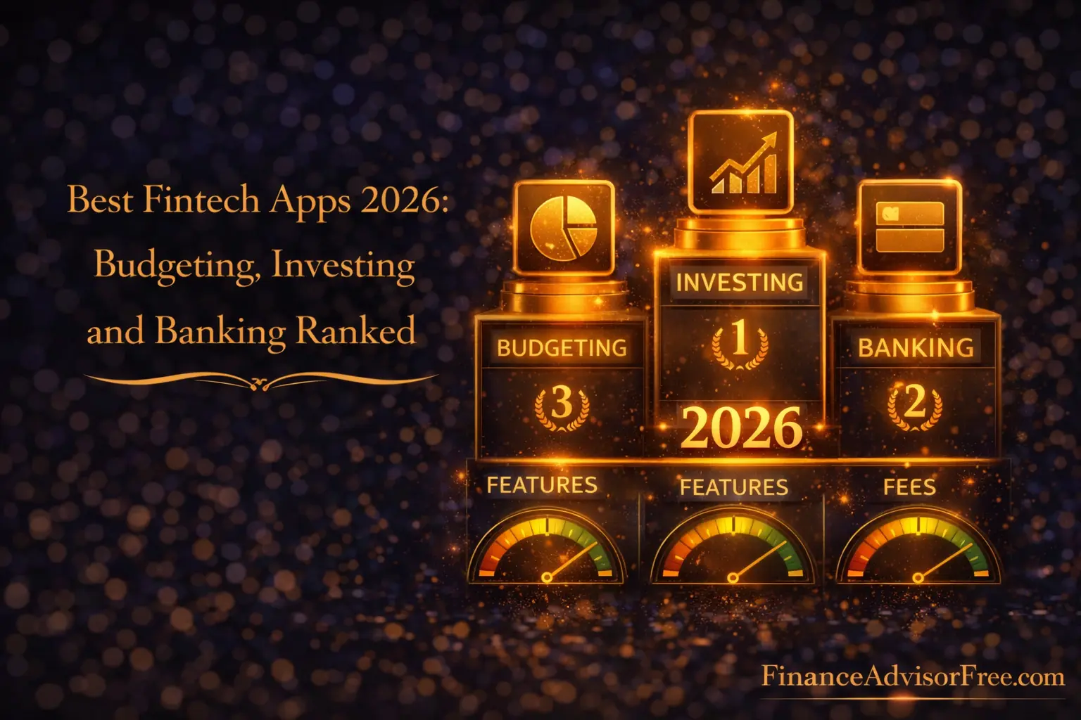 Best fintech apps 2026 — multiple glowing smartphone screens showing fintech app interfaces on a dark midnight blue background with gold bokeh
