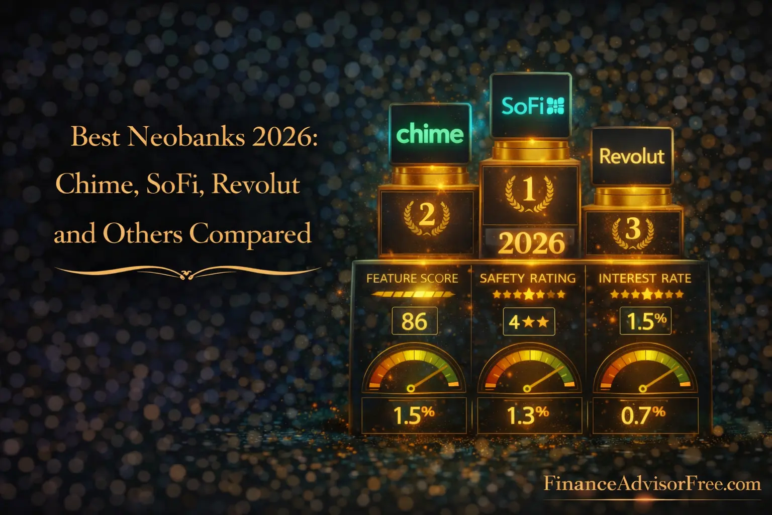 Best neobanks 2026 — multiple smartphones showing neobank app interfaces side by side on a dark midnight blue background with gold bokeh