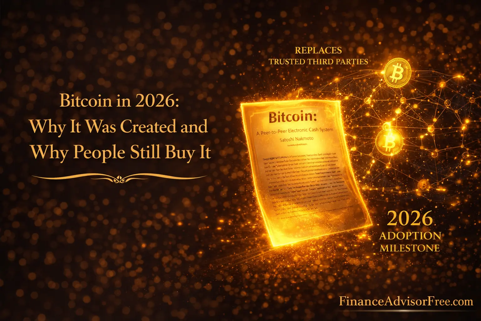 Bitcoin explained — a glowing gold Bitcoin coin floating against a dark midnight blue background with gold bokeh light particles