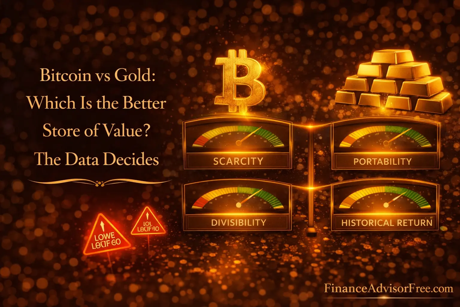 Bitcoin vs gold — a glowing Bitcoin coin facing a gold bar on a dark midnight blue background with gold bokeh