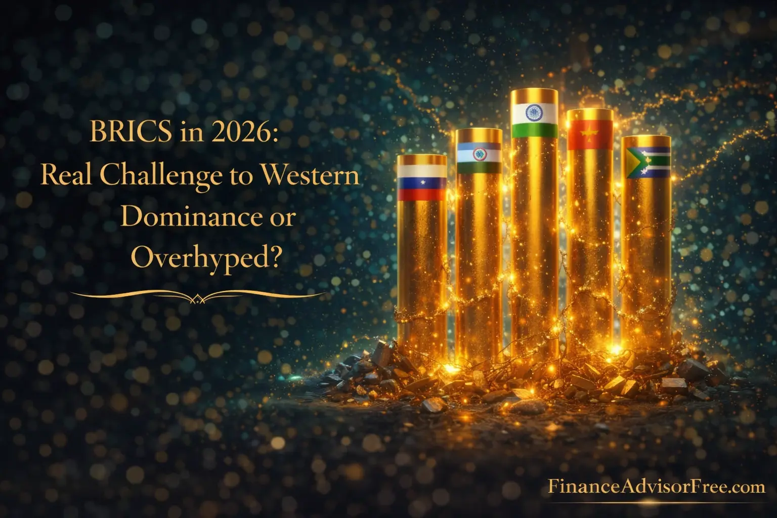 BRICS countries 2026 — flags and financial charts showing emerging economic power