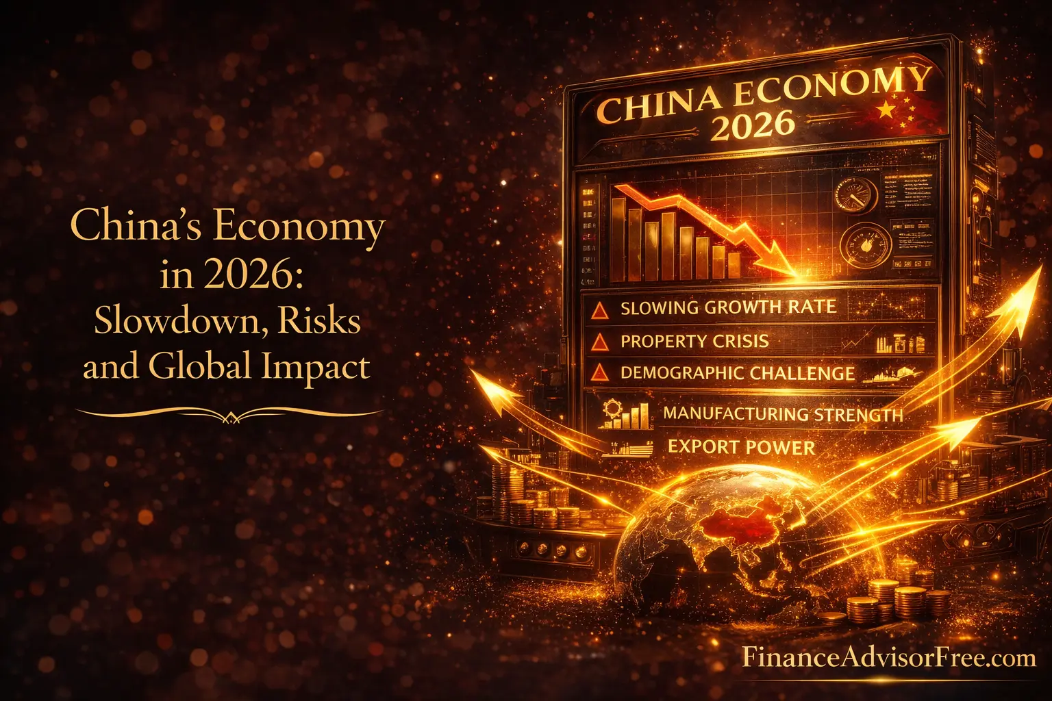China's economy in 2026 — golden dragon slowing over a cracked property market with rising tech sector in background