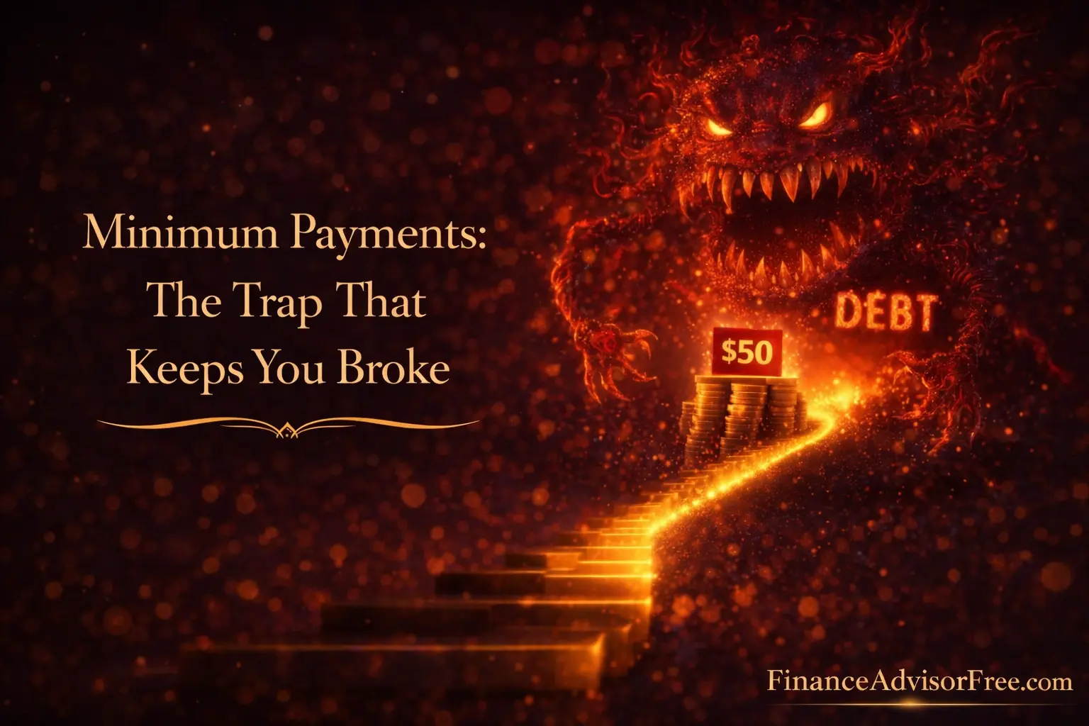 Credit card debt minimum payment trap — tiny payment keeping a massive red debt alive for decades