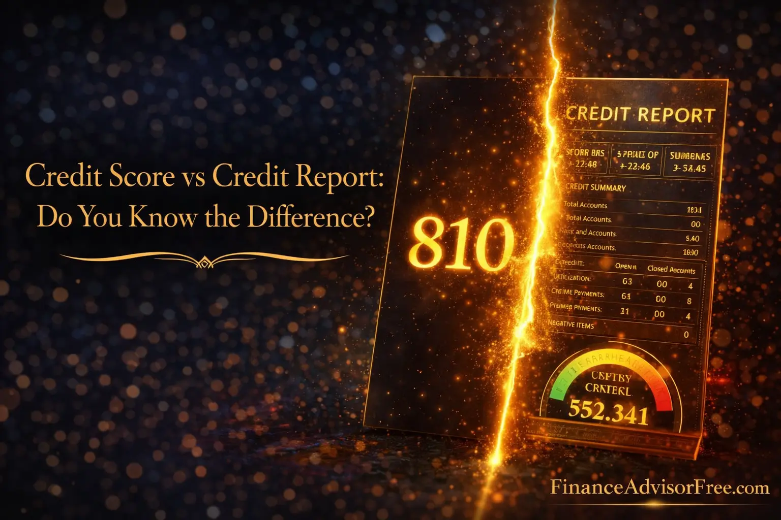 Credit score vs credit report — split reveal showing a single golden score number and a detailed golden document