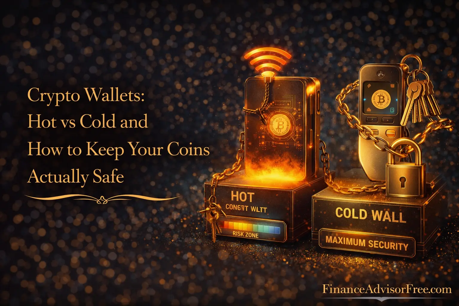 Crypto wallets explained — a glowing hardware wallet device next to a smartphone app wallet on a dark midnight blue background with gold bokeh