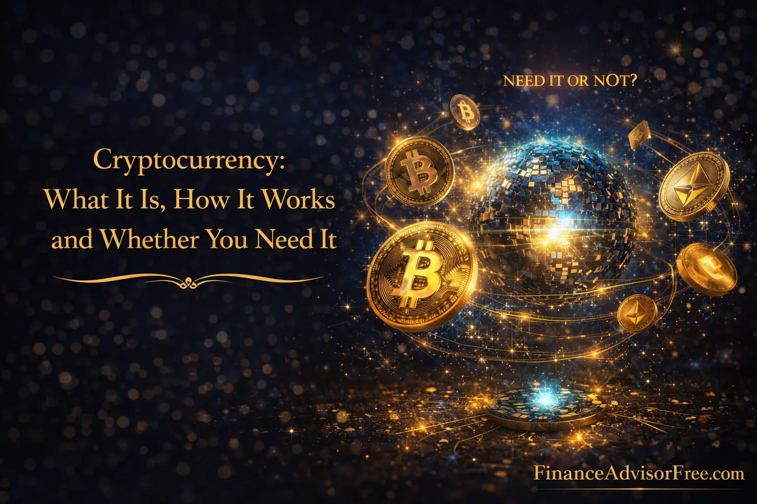 Cryptocurrency explained for beginners — glowing digital coins floating on a dark midnight blue background with gold bokeh