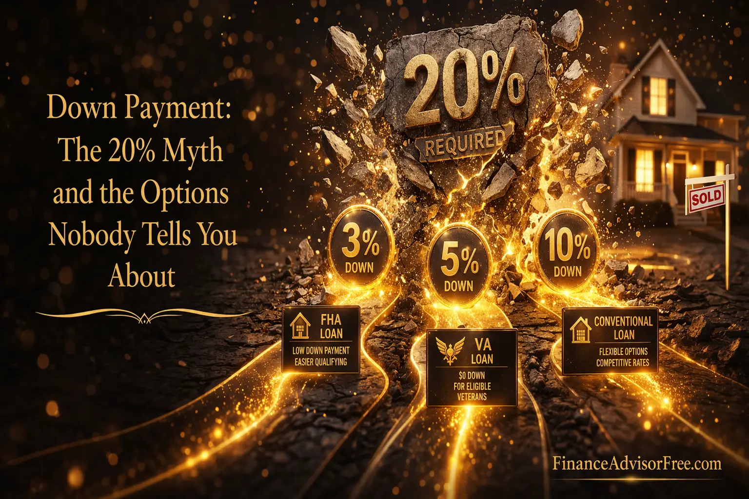 Down payment options — spectrum from 0% VA loan to 20% conventional with monthly PMI costs shown for each option