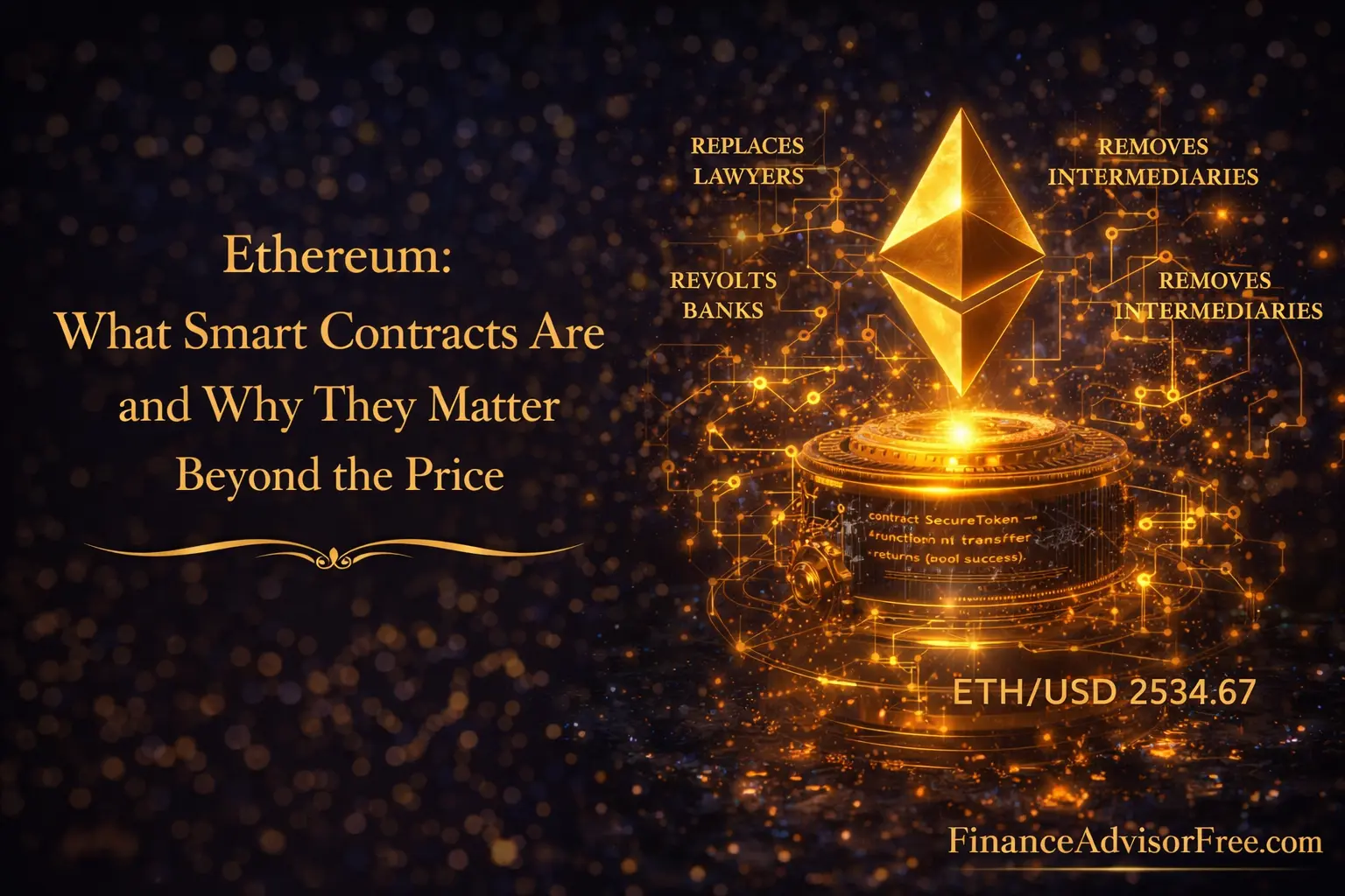 Ethereum explained — a glowing Ethereum diamond logo floating against a dark midnight blue background with gold bokeh light particles