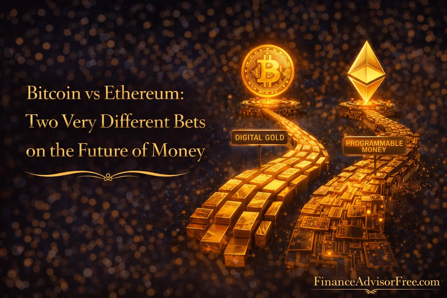Ethereum vs Bitcoin — a glowing Ethereum diamond logo and Bitcoin coin facing each other on a dark midnight blue background with gold bokeh