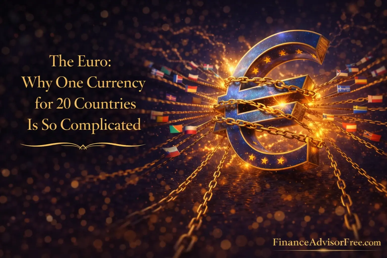 The euro and eurozone — single golden euro coin balancing 20 different national economies on a tilted seesaw