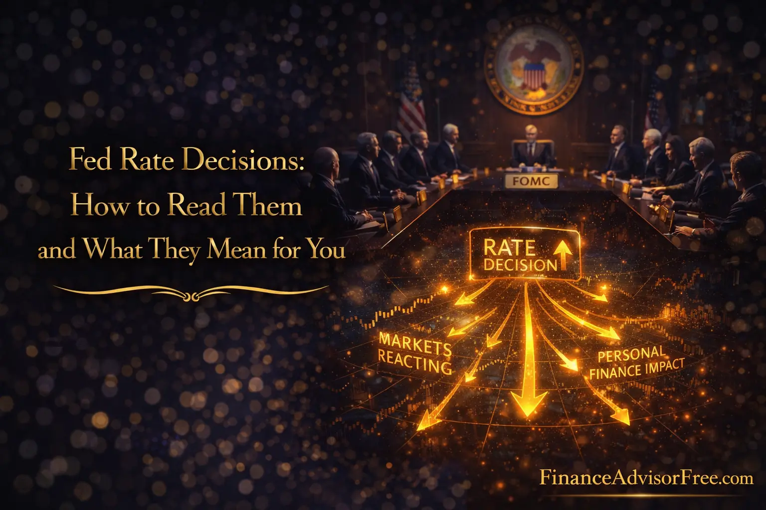 federal reserve interest rate decisions — cinematic 3D render of financial charts and Fed building