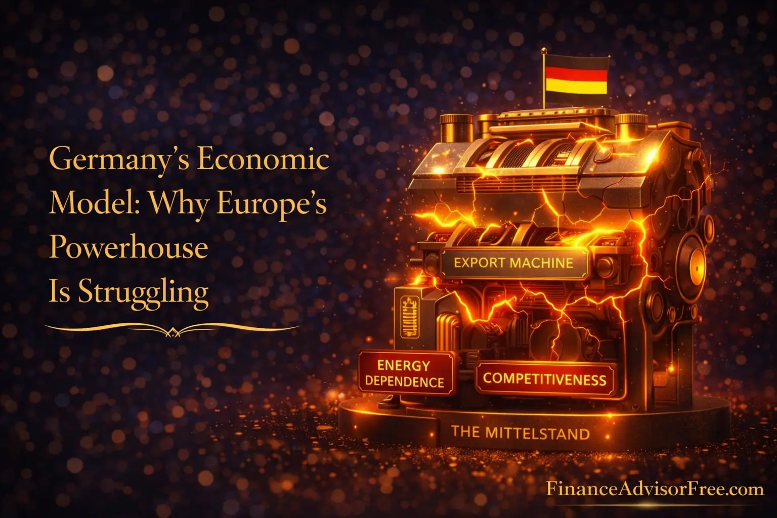 Germany's economic model — German industrial machine showing Mittelstand gears slowing with energy and EV disruption