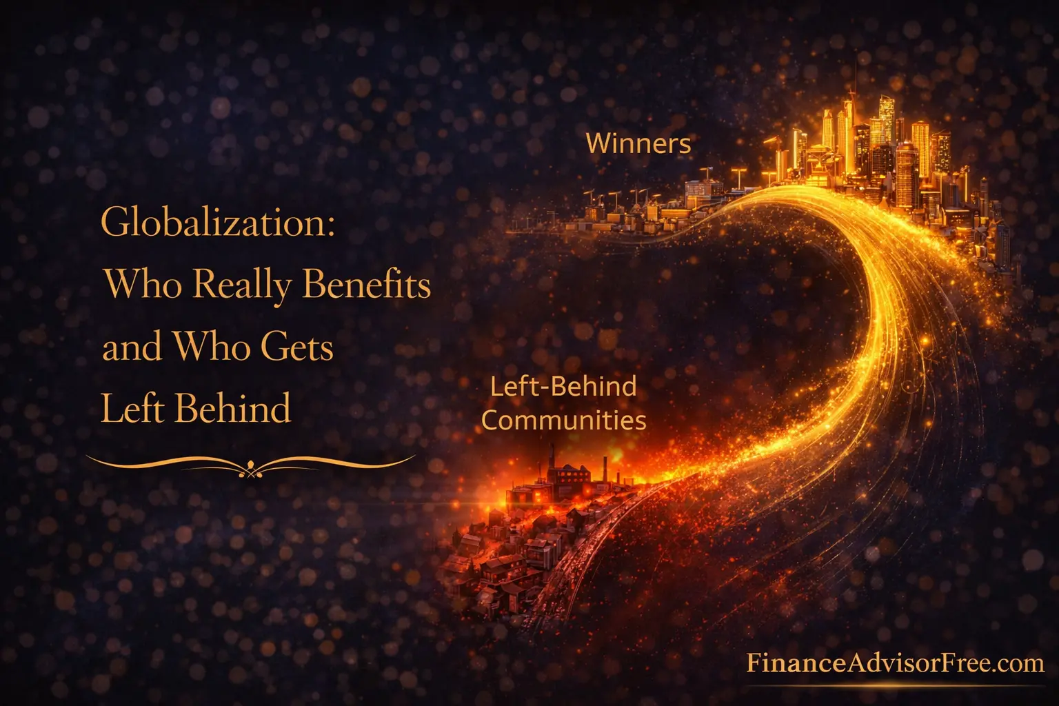 Globalization winners and losers — golden globe with supply chains connecting wealthy cities and shadowed regions showing uneven distribution of gains