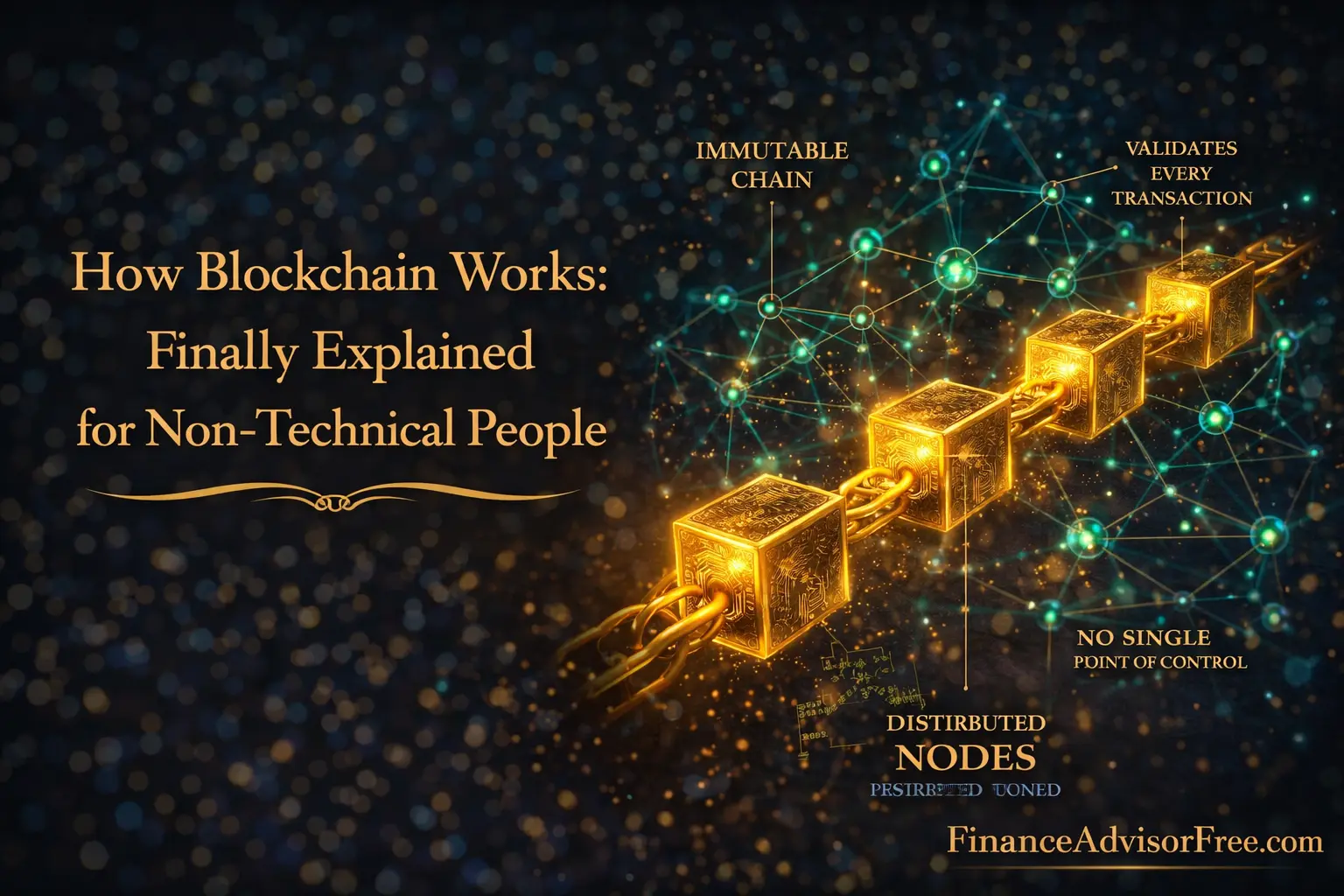How blockchain works — glowing interconnected blocks forming a chain against a dark midnight blue background with gold bokeh