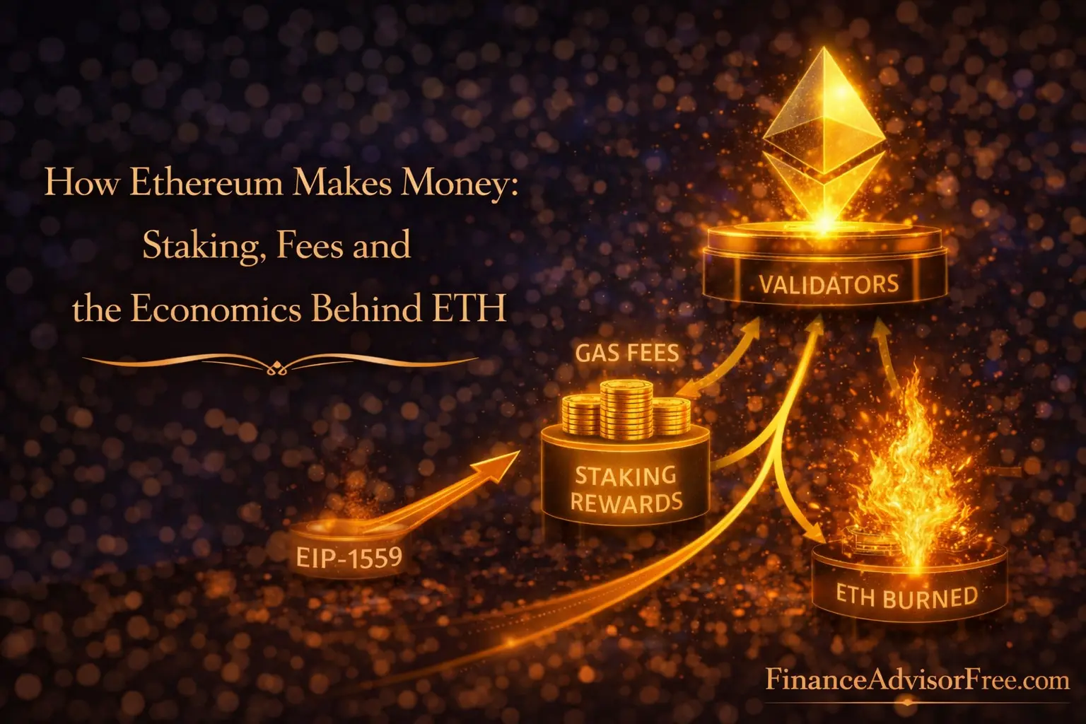 How Ethereum makes money — glowing ETH coins with staking and fee arrows on a dark midnight blue background with gold bokeh