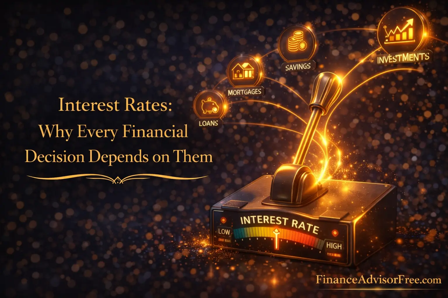 How interest rates work — golden interest rate dial controlling mortgage savings and stock market flows simultaneously