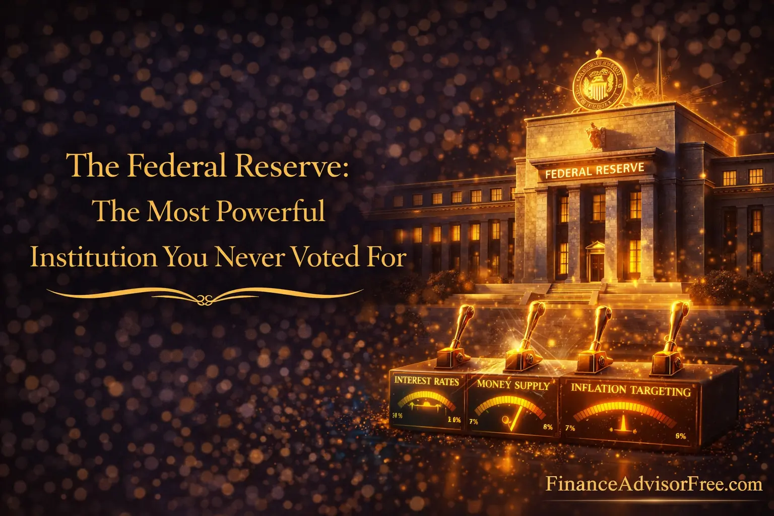 how the federal reserve works — cinematic 3D render of the Fed building with gold bokeh