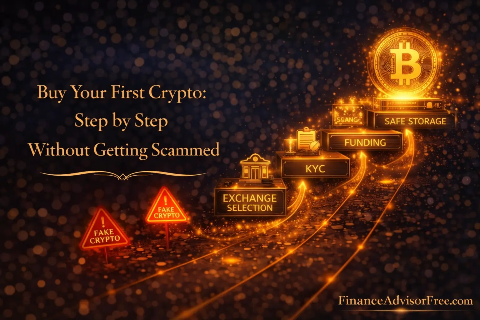 How to buy cryptocurrency — smartphone showing a crypto exchange app with Bitcoin and Ethereum prices on a dark midnight blue background with gold bokeh