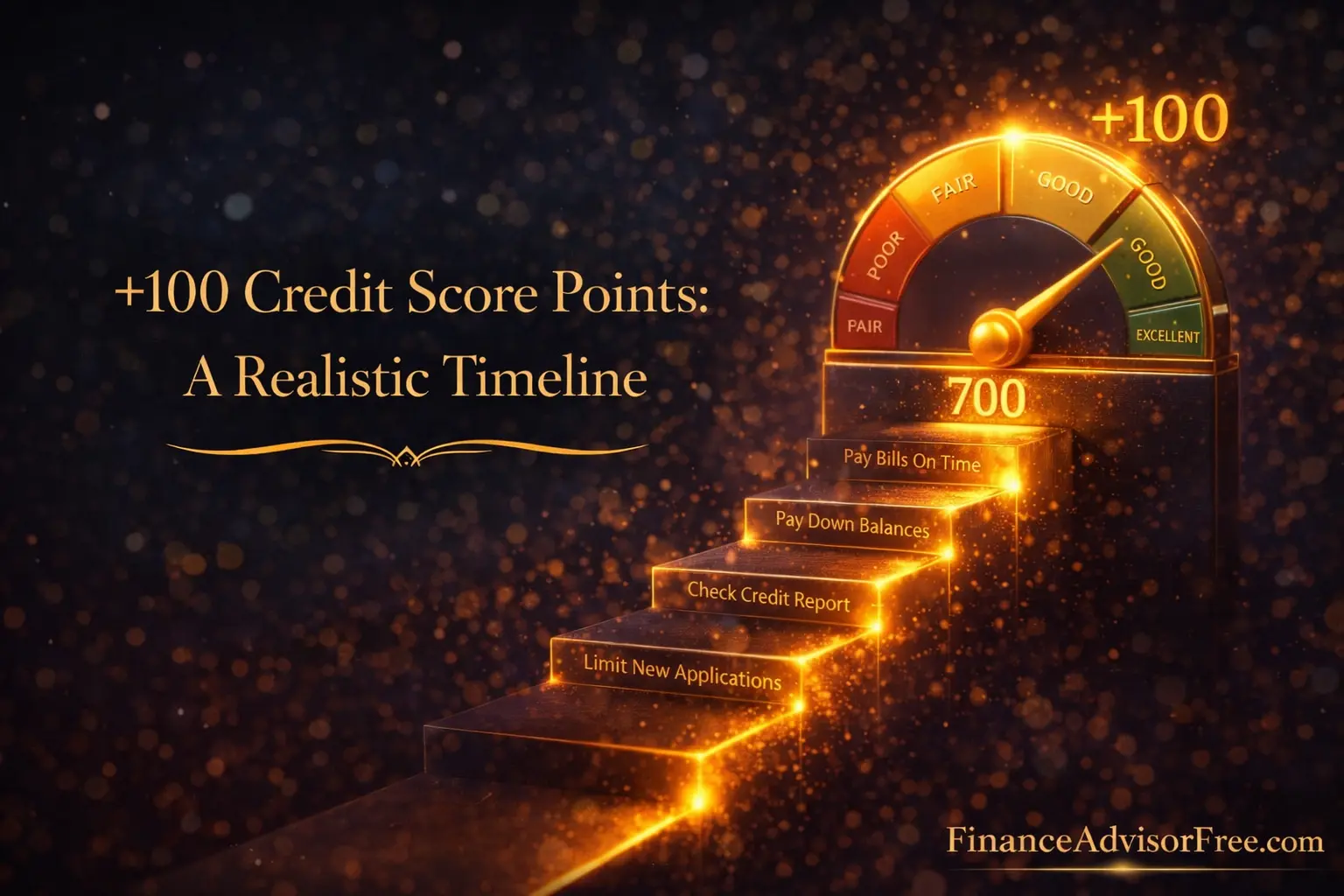 How to improve your credit score by 100 points — credit score meter climbing 100 golden points on a realistic timeline