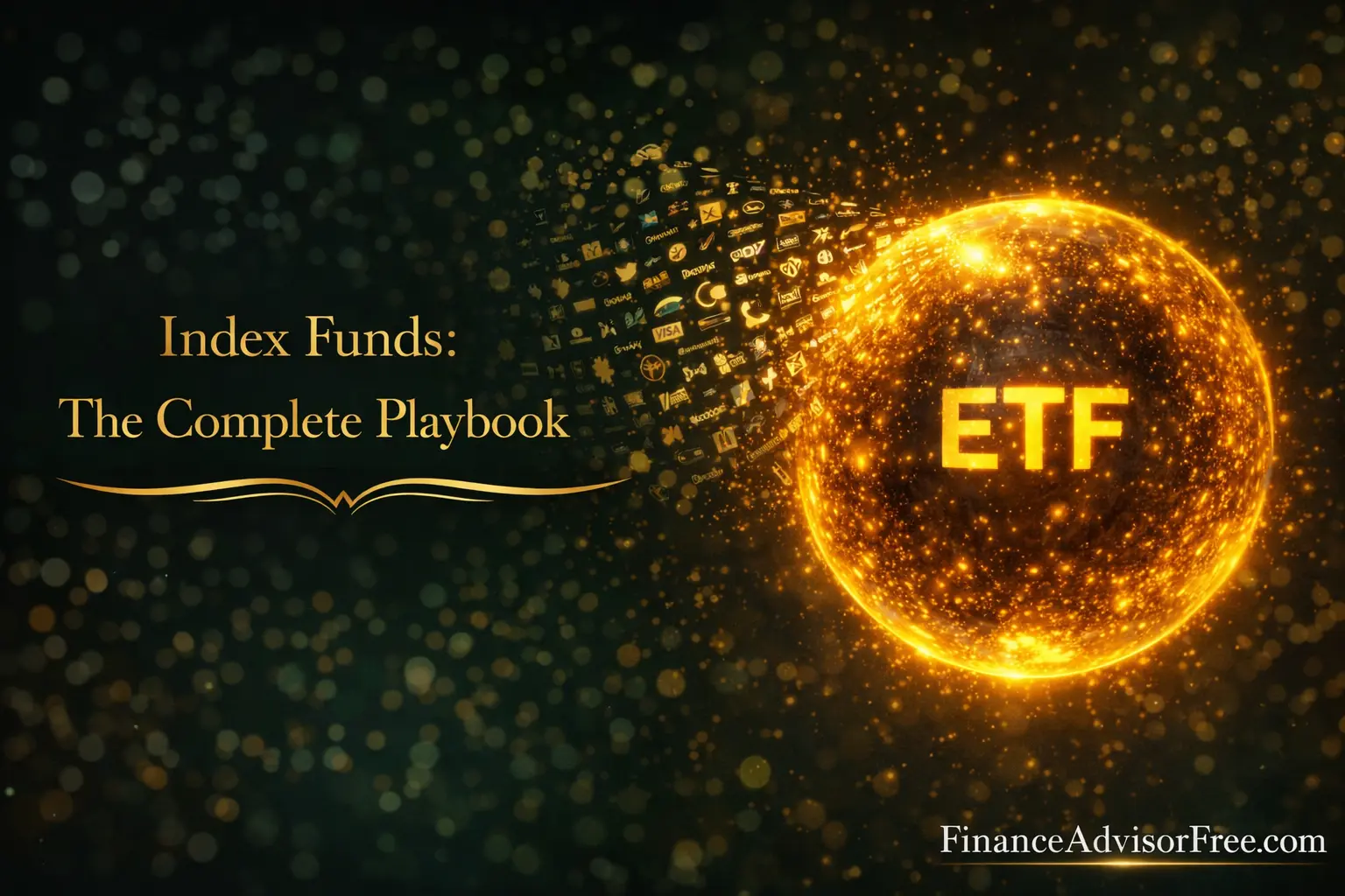 Index fund investing complete guide — hundreds of company logos merging into a single golden ETF orb representing diversification