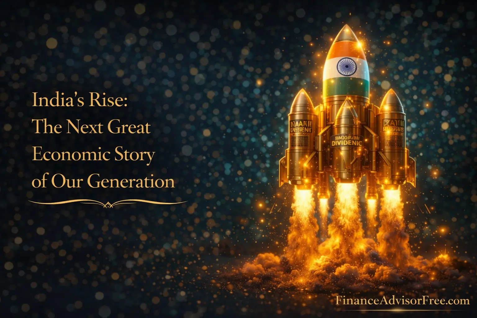 India economic rise — skyline with financial charts showing rapid growth