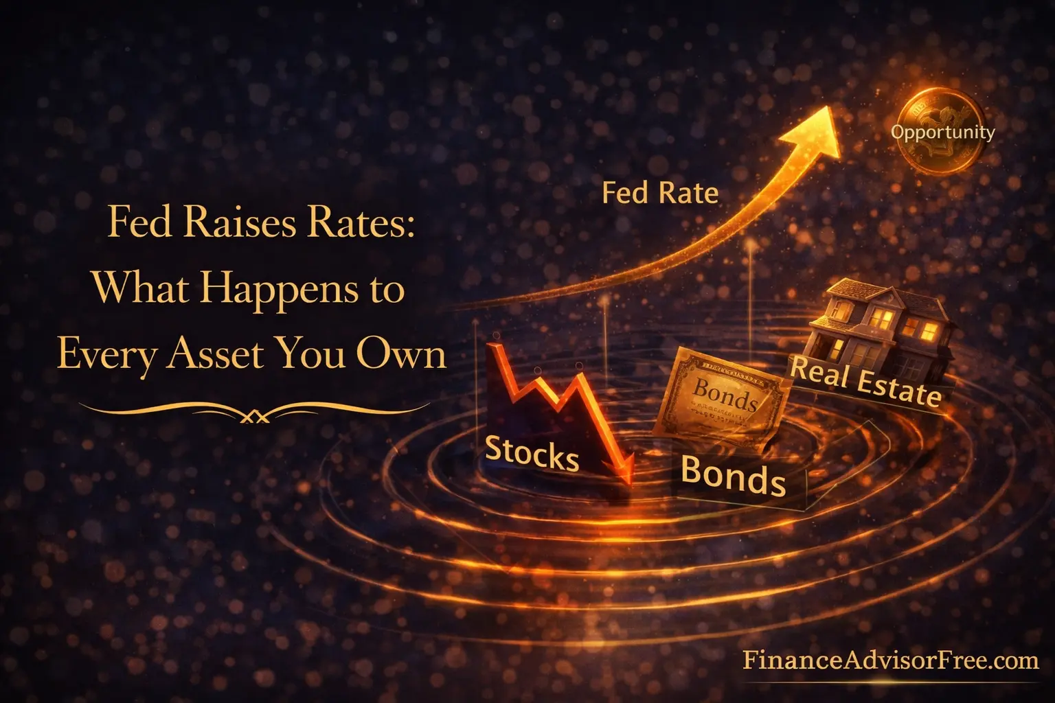 Interest rates and bond prices moving in opposite directions — golden seesaw with rate rising on one side and bond price falling on the other