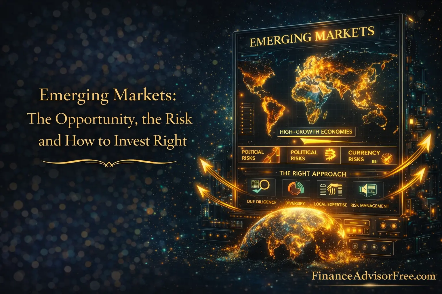 Investing in emerging markets — global growth opportunities illustrated with rising charts