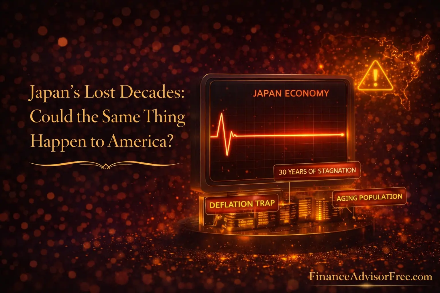 Japan's lost decades — Nikkei chart showing 1989 peak and 30 years of stagnation alongside recovery path in 2024