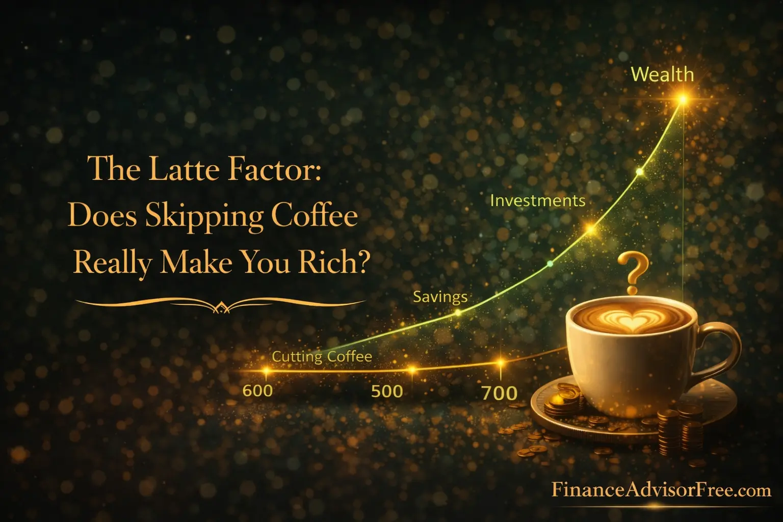 latte factor debate — coffee cup next to investment growth chart on dark background