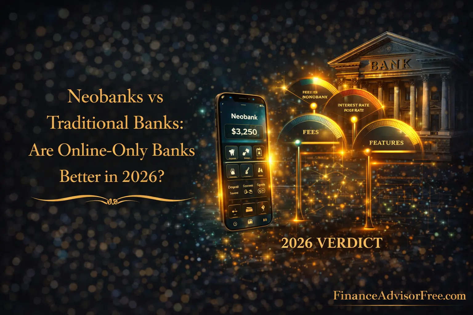 Neobanks explained — a glowing smartphone displaying a digital banking app interface against a dark midnight blue background with gold bokeh light particles