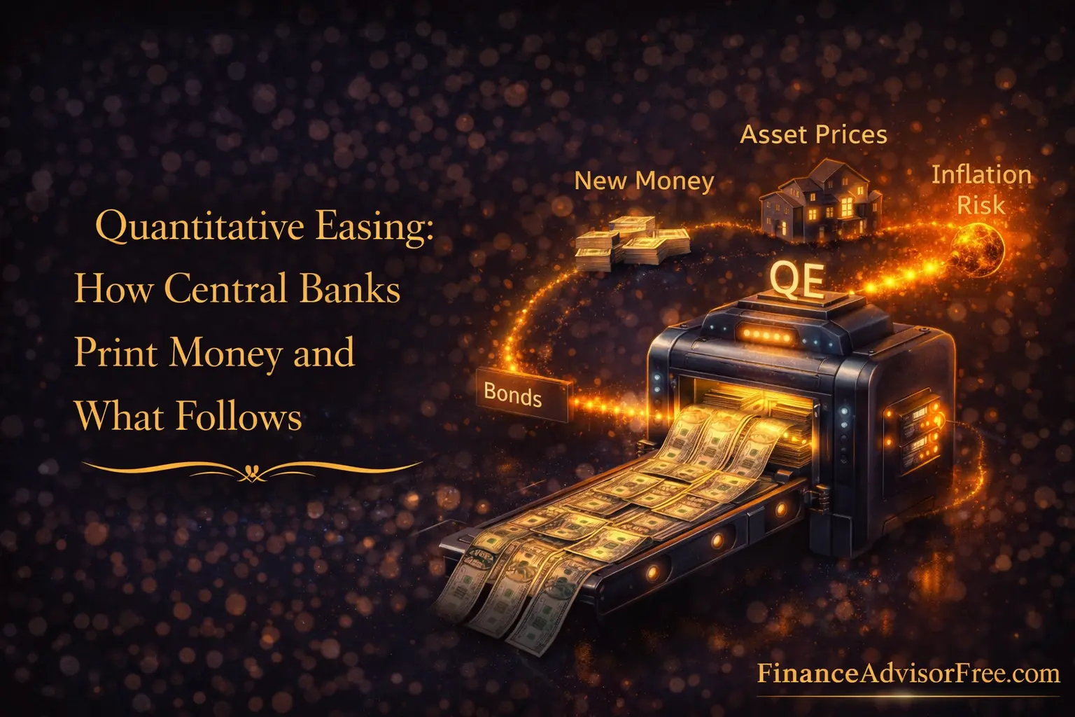 quantitative easing explained — cinematic 3D render of money printing and bond markets