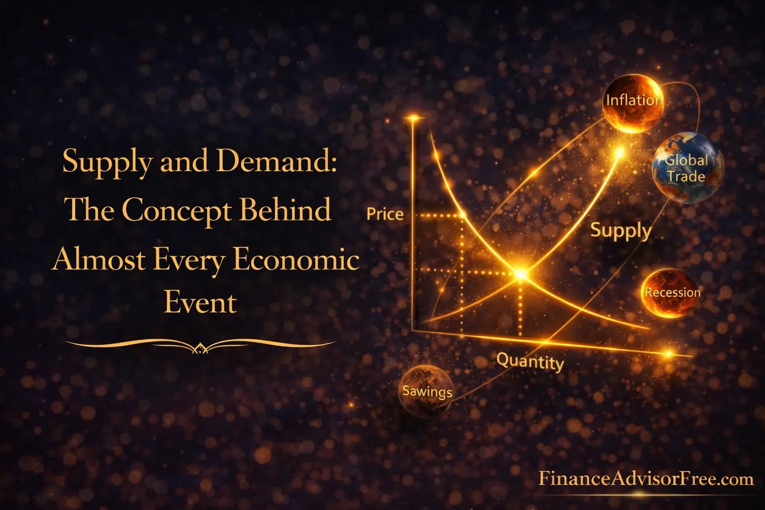 Supply and demand explained — golden supply and demand curve intersection showing price and quantity in perfect balance