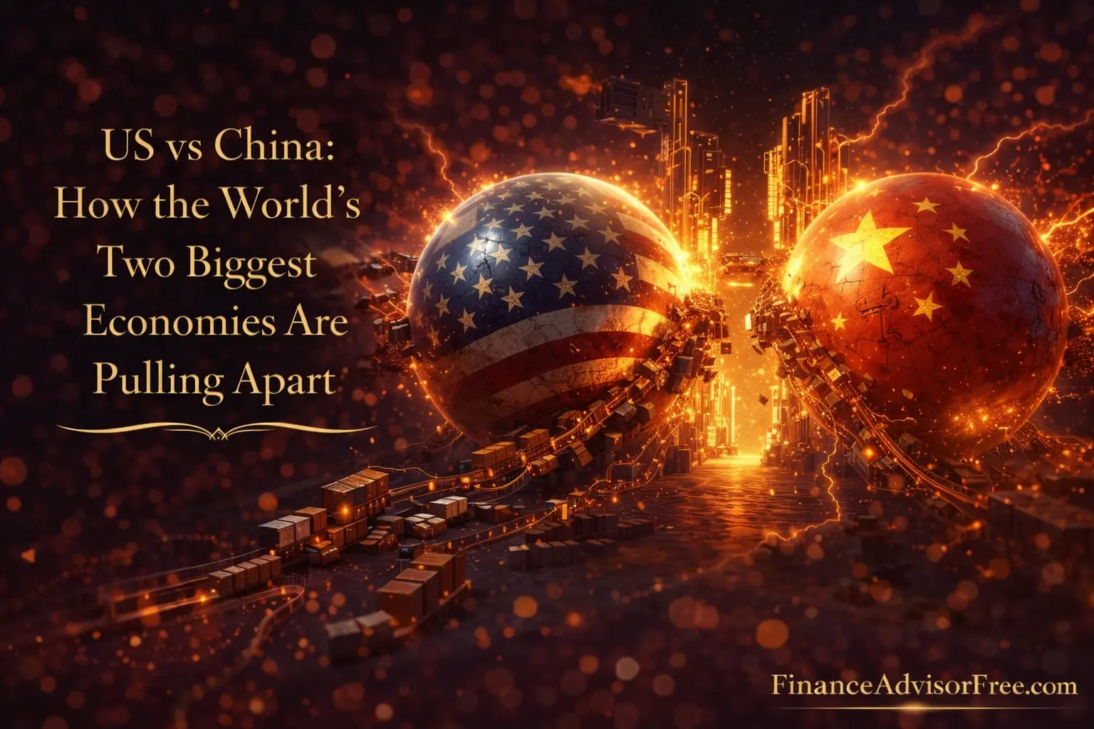 US-China economic rivalry — two economic giants pulling global supply chains in opposite directions with decoupling gap widening