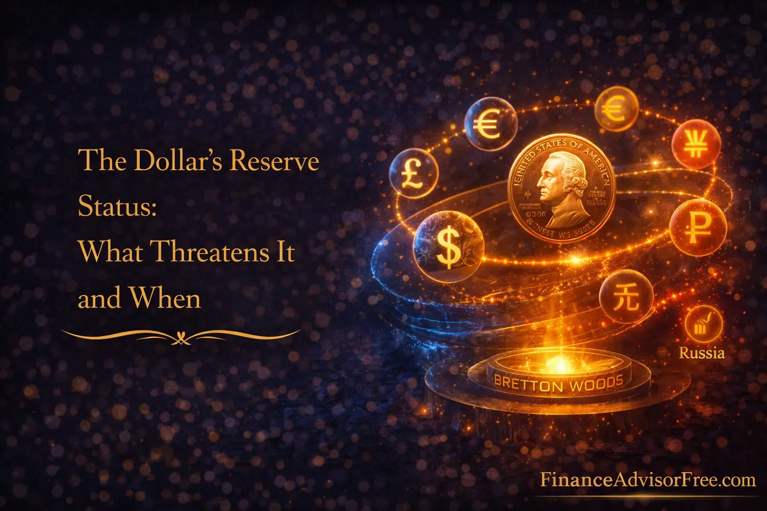 US dollar reserve currency — golden dollar at the centre of global trade and finance networks with competing currencies orbiting in shadow