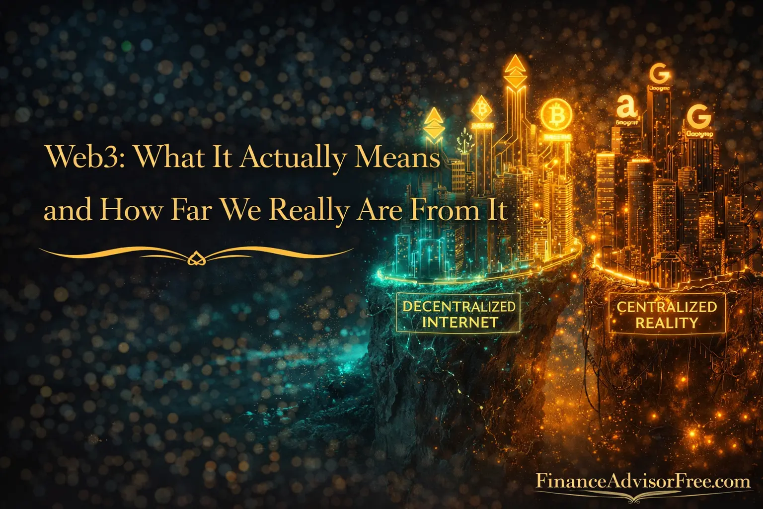 Web3 explained — a glowing decentralised network of interconnected nodes against a dark midnight blue background with gold bokeh