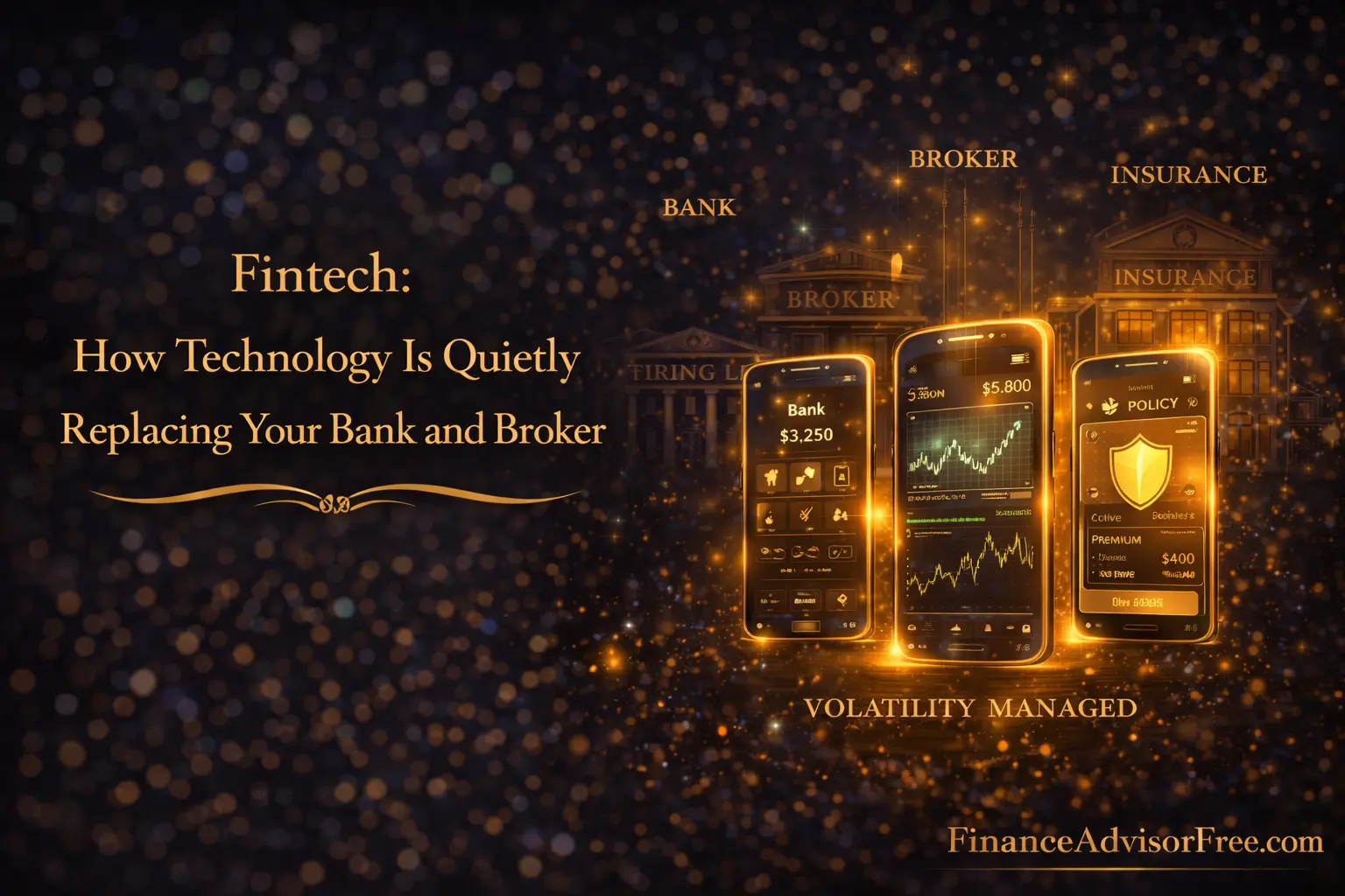 What is fintech — a glowing smartphone displaying financial apps against a dark midnight blue background with gold bokeh light particles
