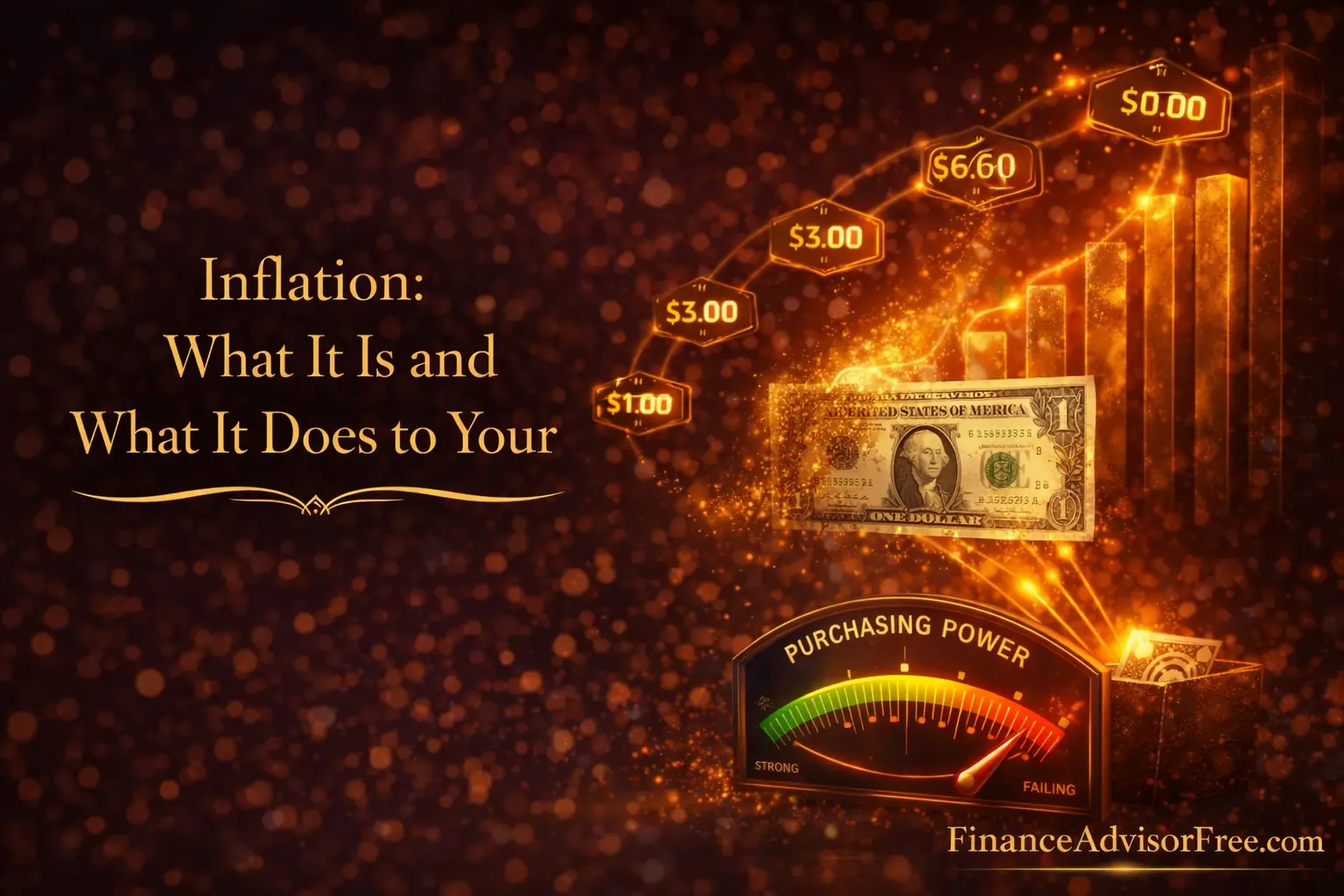 What is inflation — dollar bill shrinking over time as prices rise around it with purchasing power meter falling