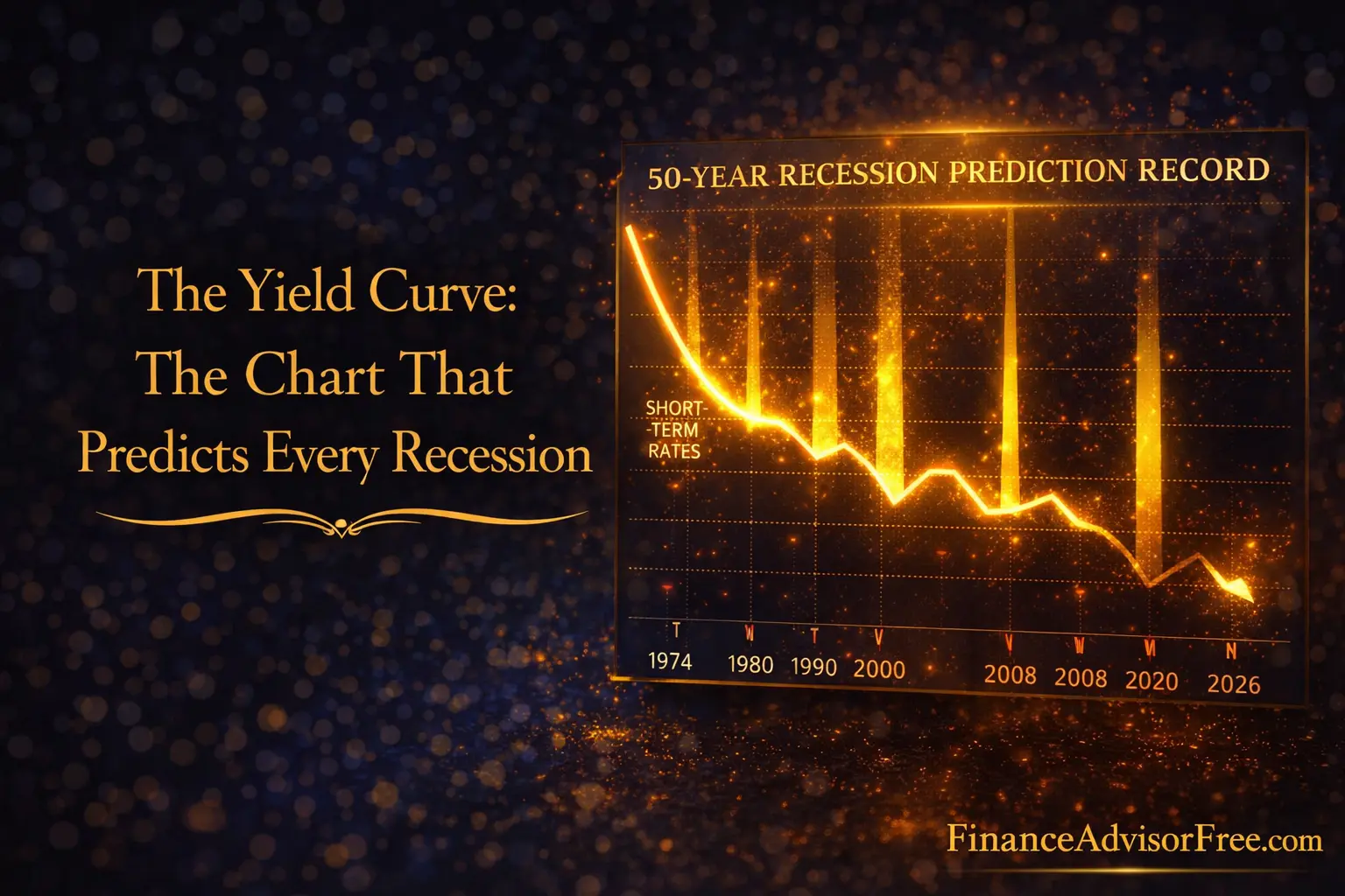 Yield curve explained — normal and inverted yield curve shapes with recession prediction arrow below the inverted version